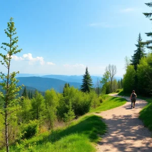 Beautiful hiking trail in nature surrounded by trees and mountains.