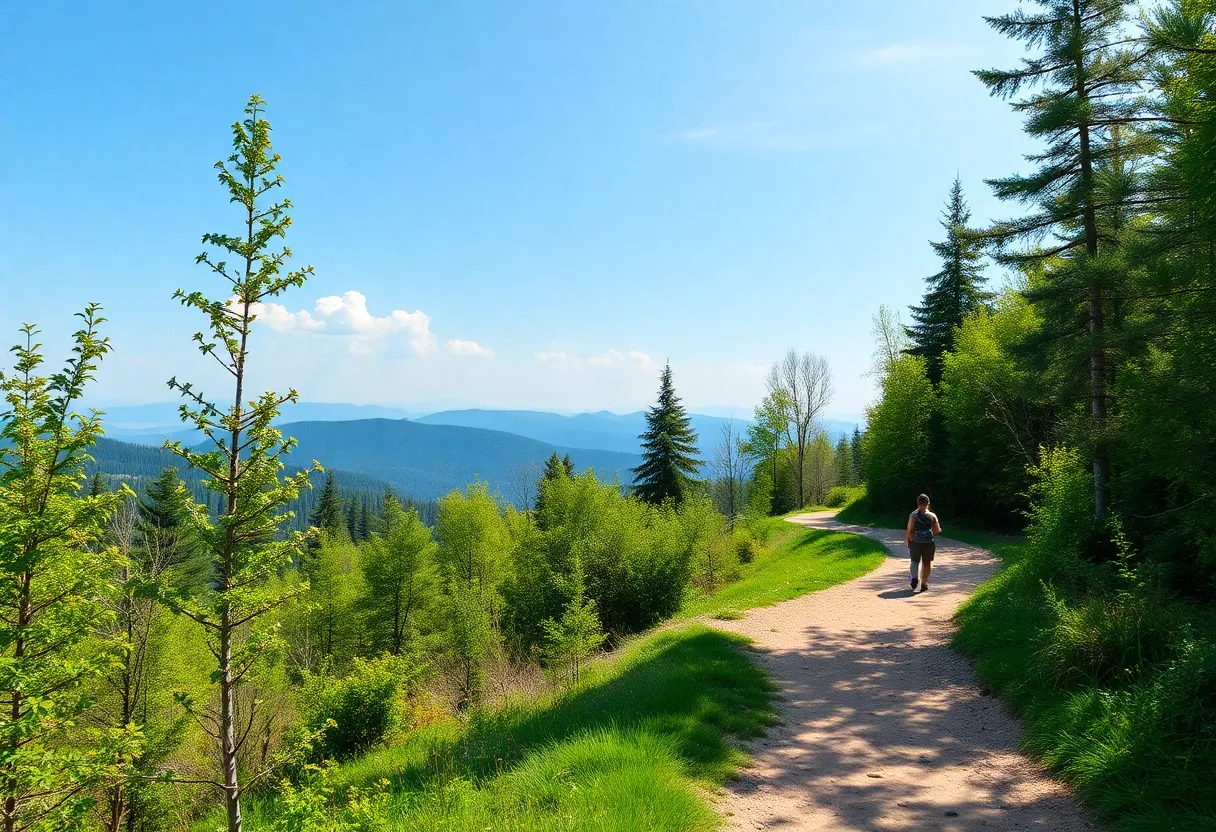 Beautiful hiking trail in nature surrounded by trees and mountains.