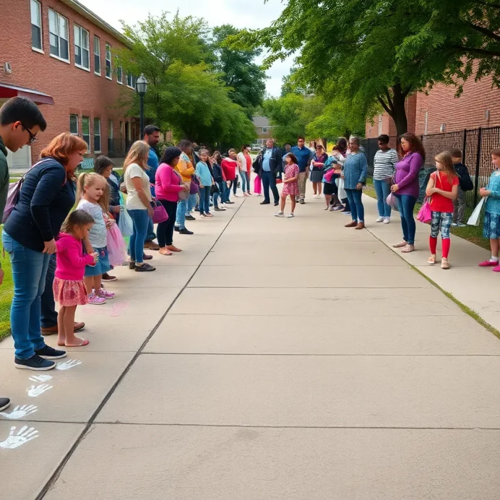 Community members participate in a farewell event at a school closure, leaving handprints on sidewalk.