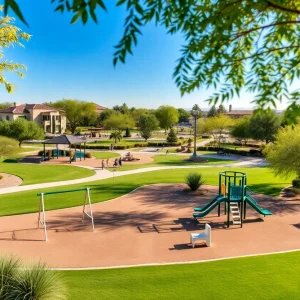 A vibrant park in Scottsdale, Arizona, with families and children playing.