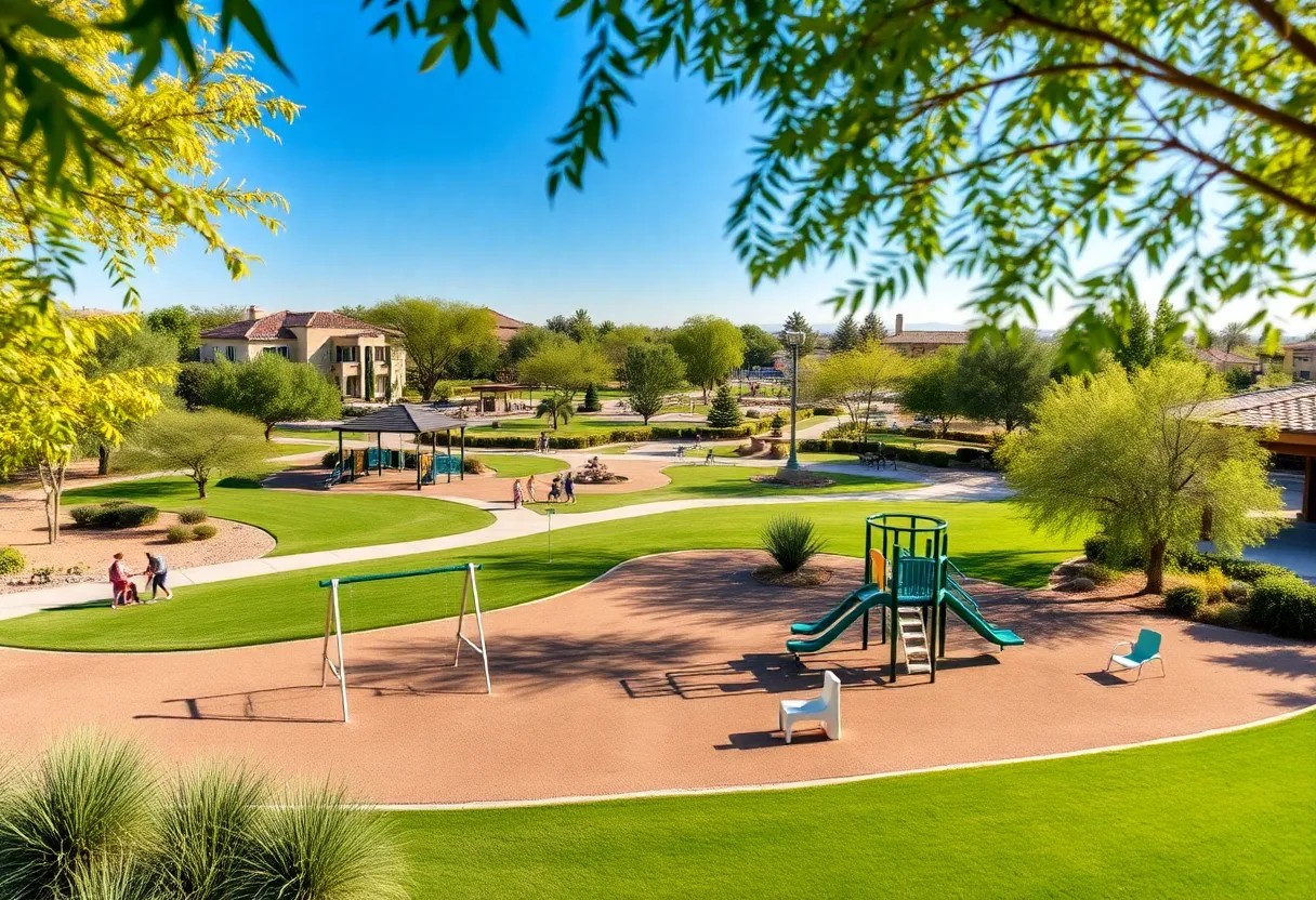 A vibrant park in Scottsdale, Arizona, with families and children playing.