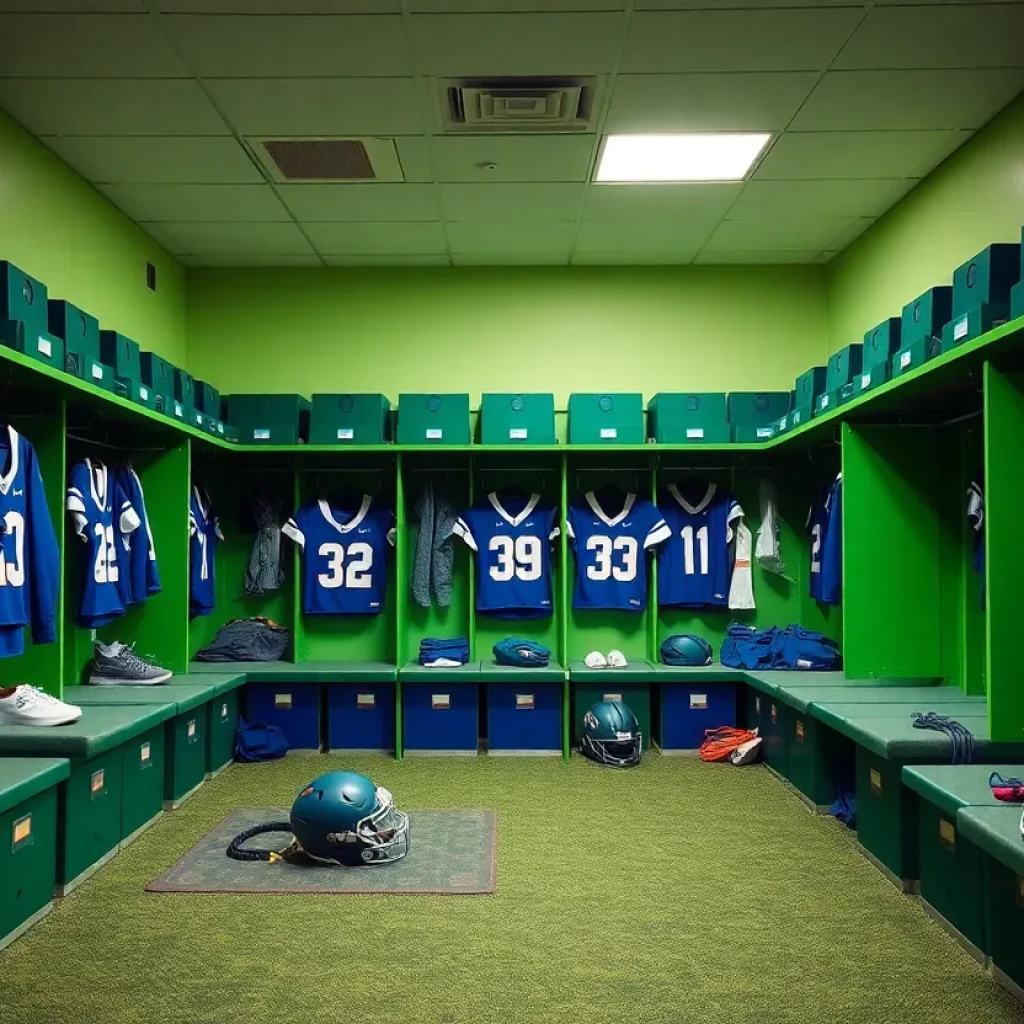 Lockers in the Seattle Seahawks locker room with team colors