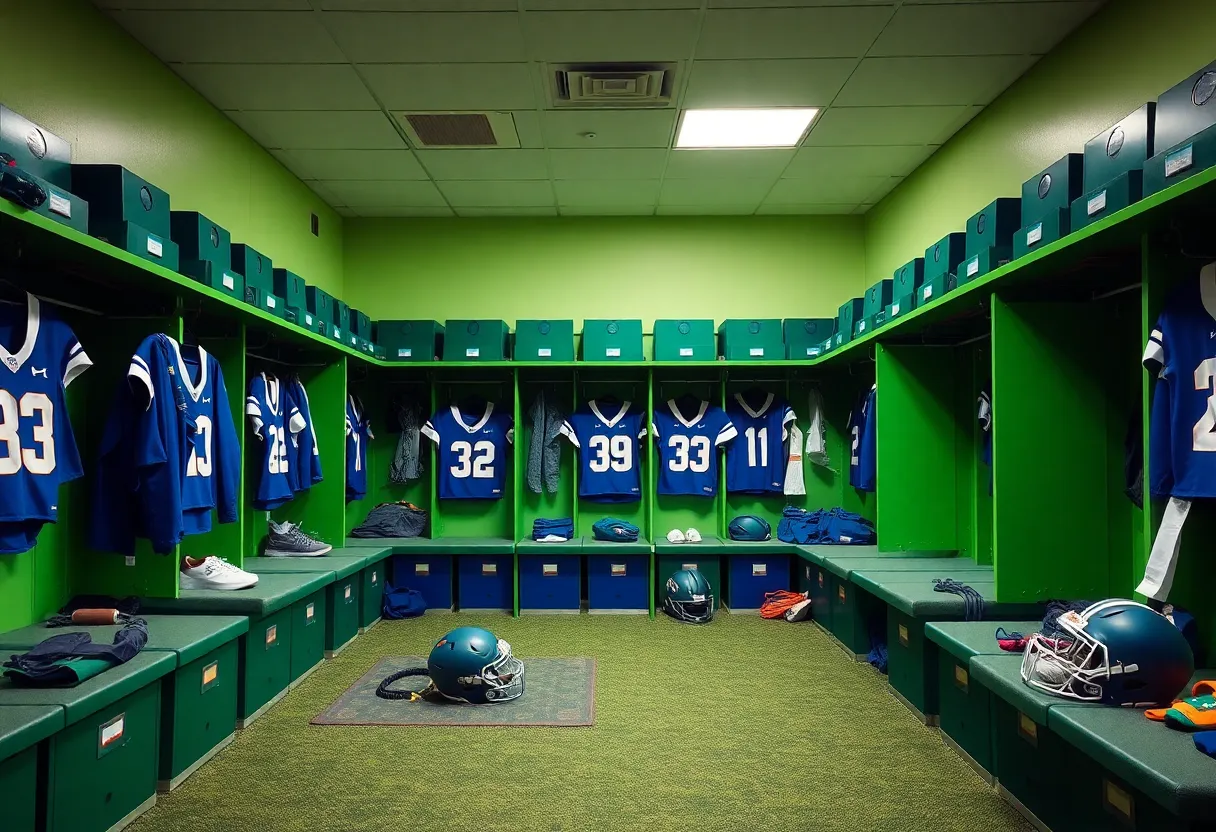 Lockers in the Seattle Seahawks locker room with team colors