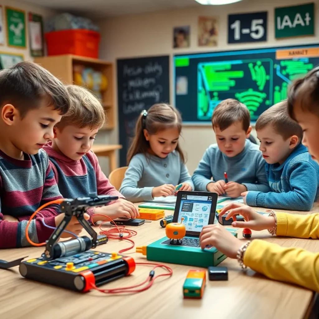 Classroom scene with students learning coding and robotics