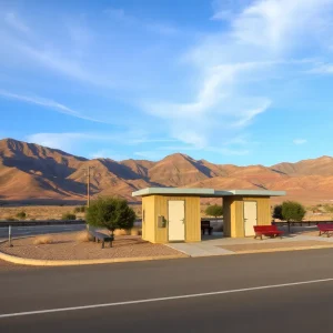 Restroom facilities and seating at Sunset Point Rest Area with mountains in the background
