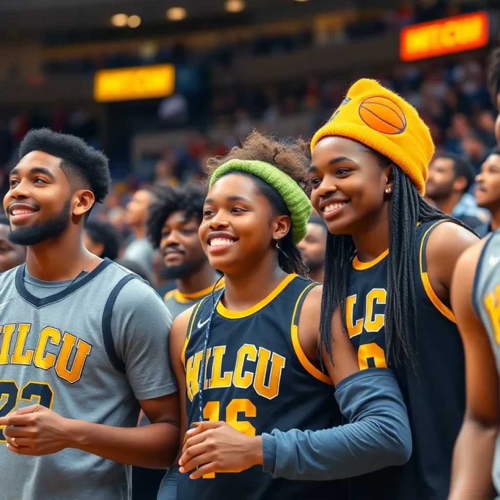 Young athletes celebrating at an HBCU basketball game.