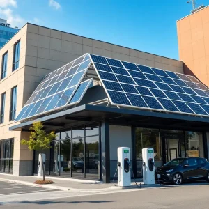 An environmentally friendly business featuring solar panels and EV charging stations.