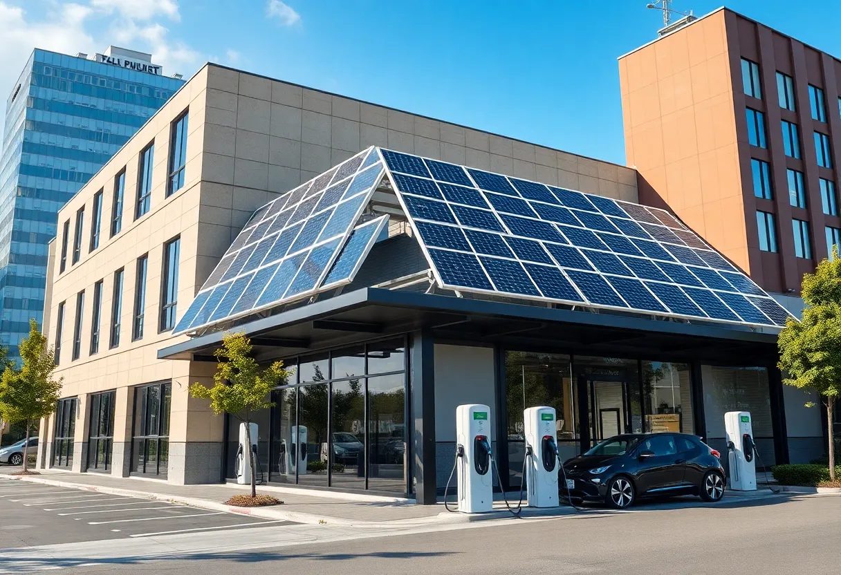 An environmentally friendly business featuring solar panels and EV charging stations.