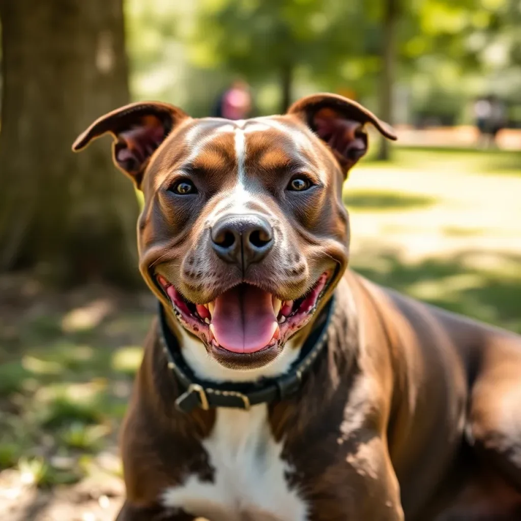 Sweet, a pit bull terrier mix, sitting in a park looking hopeful for adoption in Phoenix.