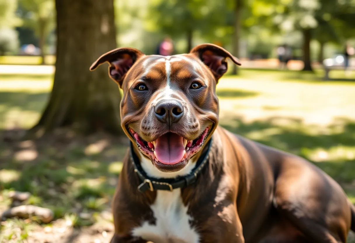 Sweet, a pit bull terrier mix, sitting in a park looking hopeful for adoption in Phoenix.