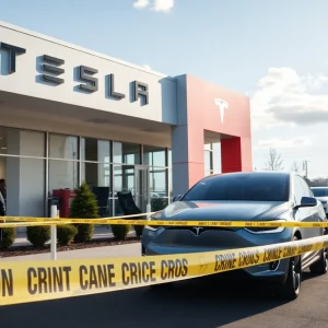 Scene of arson at Tesla dealership with emergency responders
