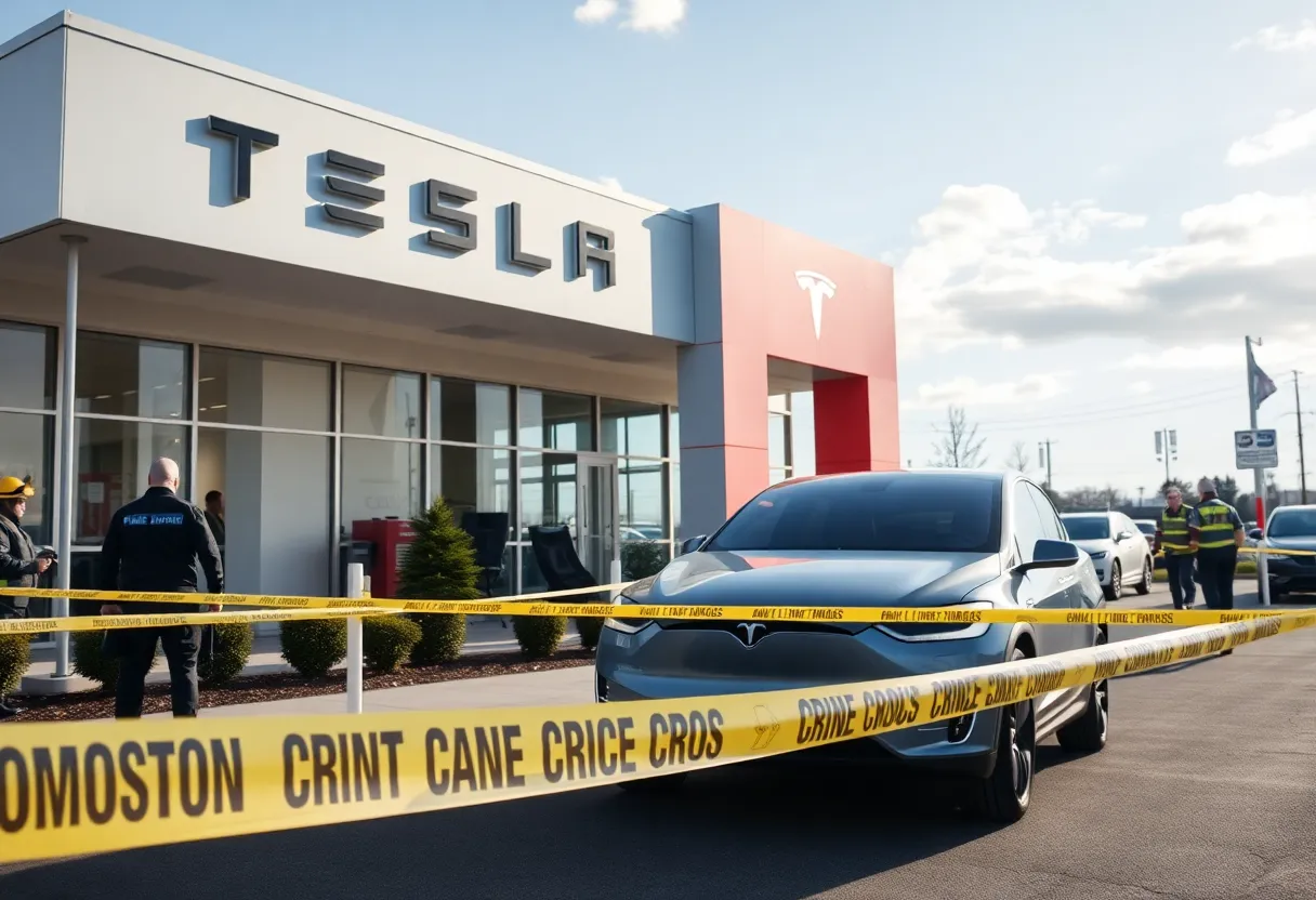 Scene of arson at Tesla dealership with emergency responders