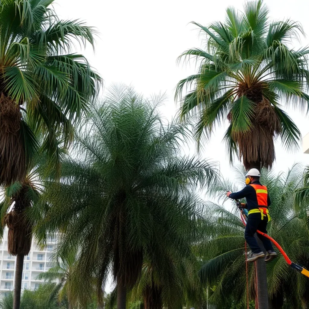 Dangerous tree trimming conditions with overgrown palm trees.