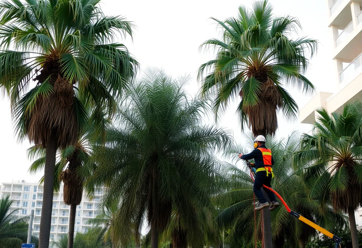 Dangerous tree trimming conditions with overgrown palm trees.
