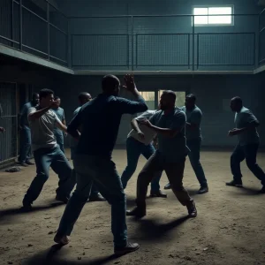 Inmates in a prison yard during a violent altercation