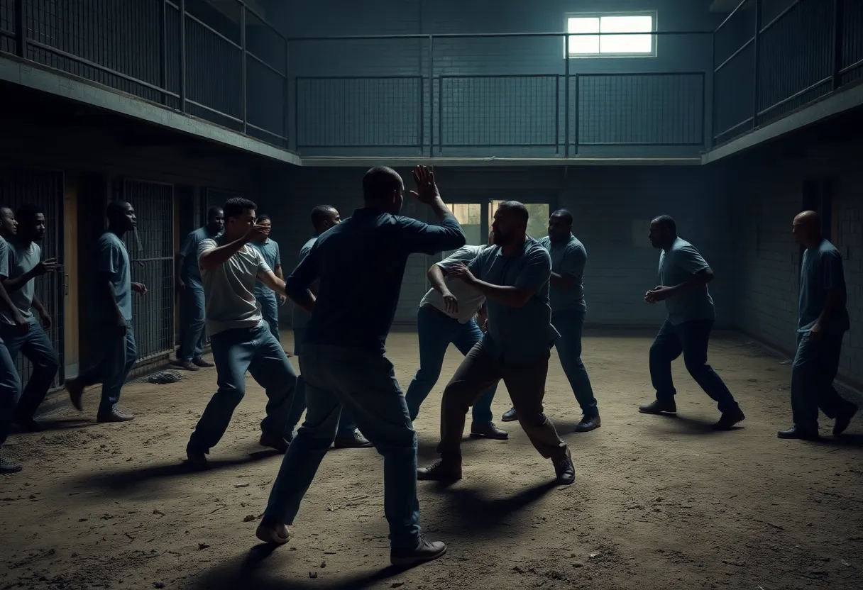 Inmates in a prison yard during a violent altercation