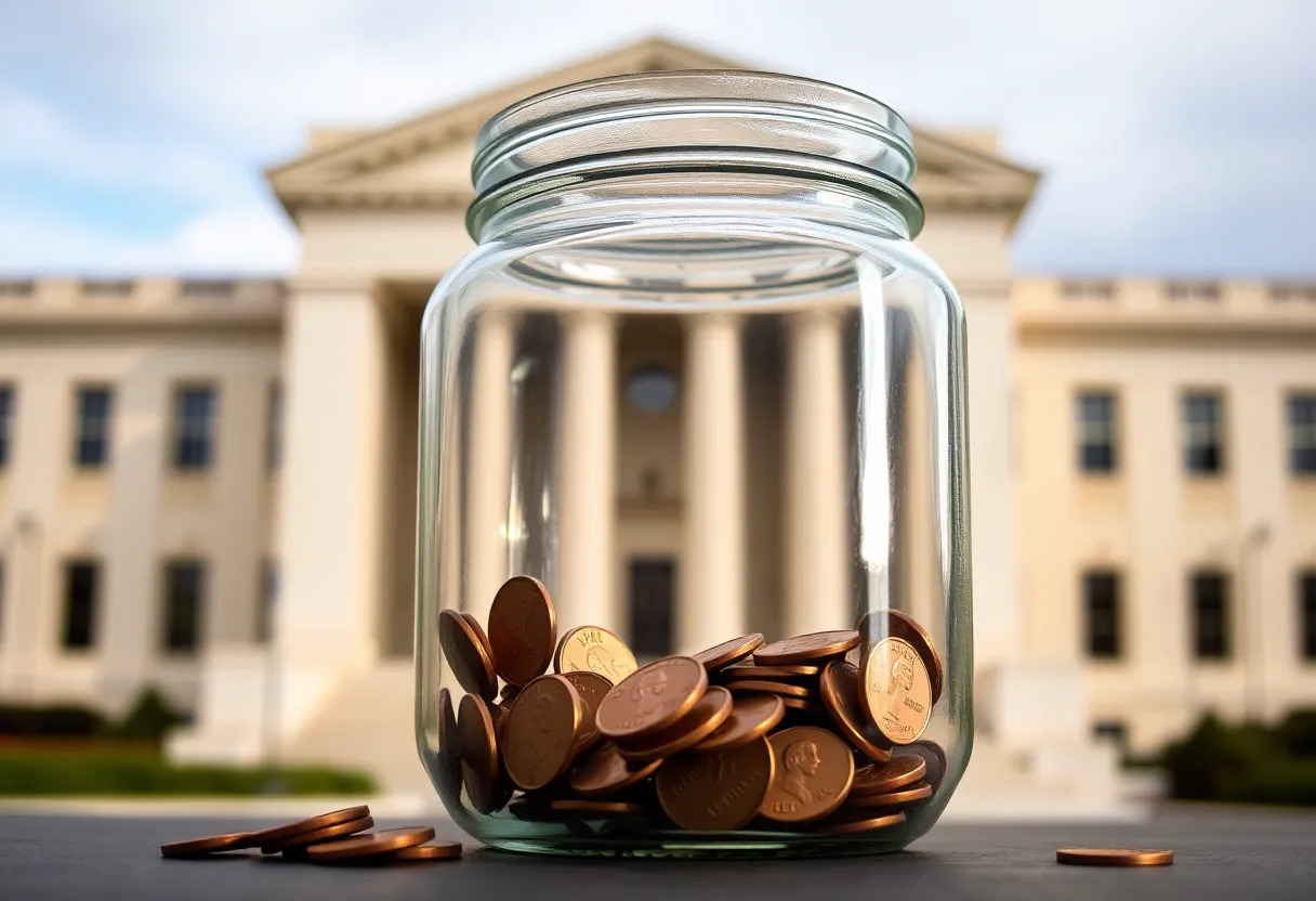 Concept image of U.S. pennies being phased out with empty coin jar