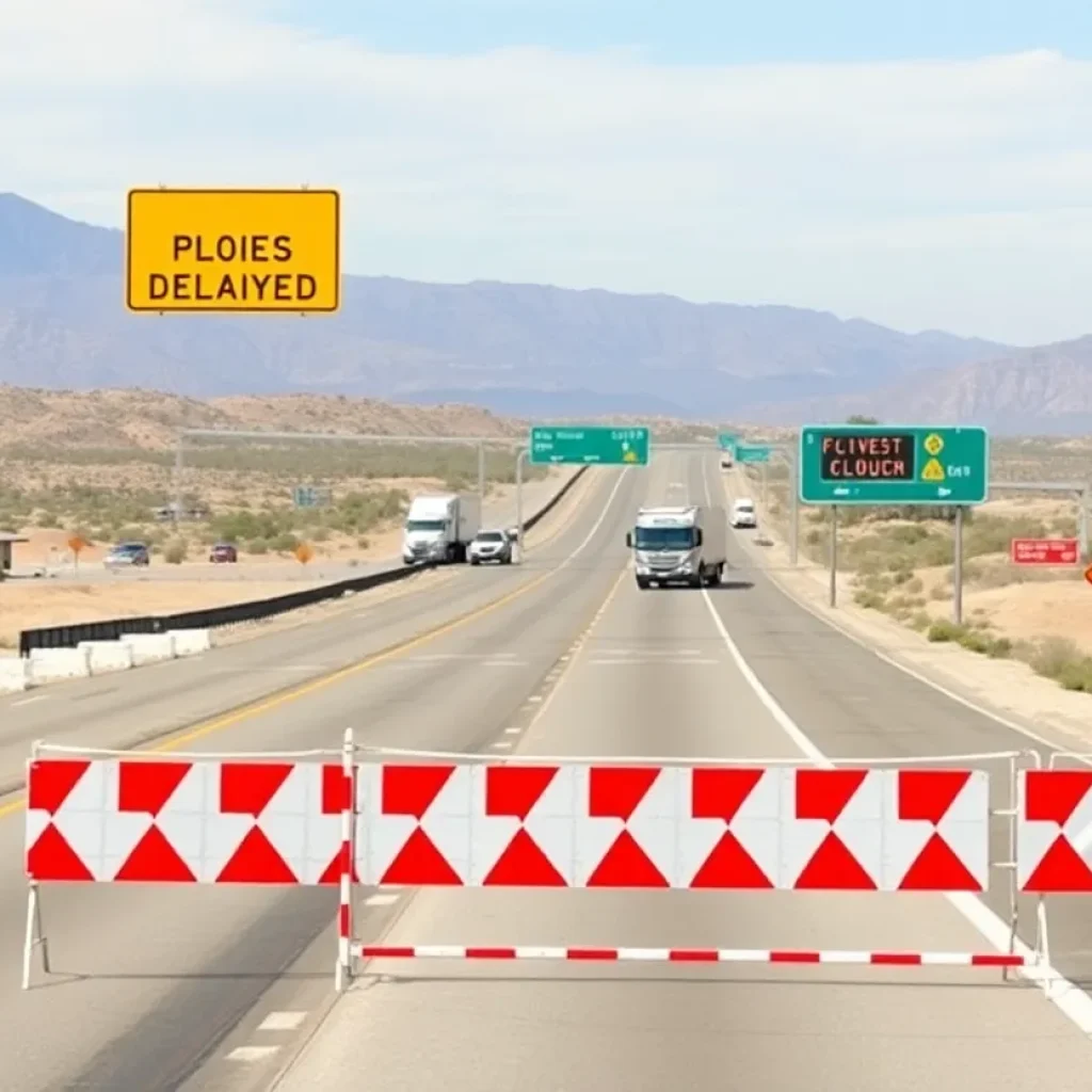 Closed road sign on US 93 amidst a desert landscape