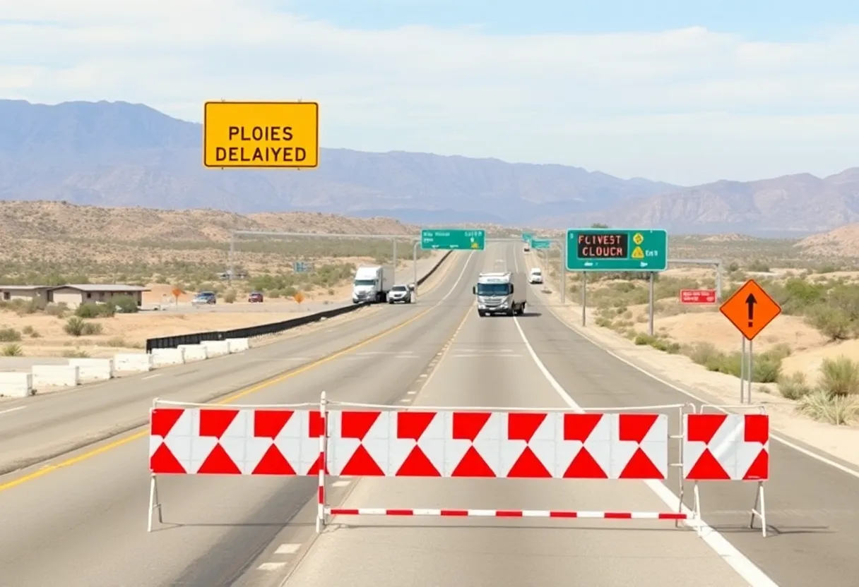 Closed road sign on US 93 amidst a desert landscape