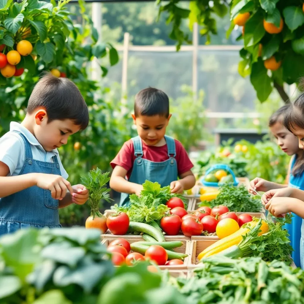 Children participating in a school garden and cooking program for healthy eating.
