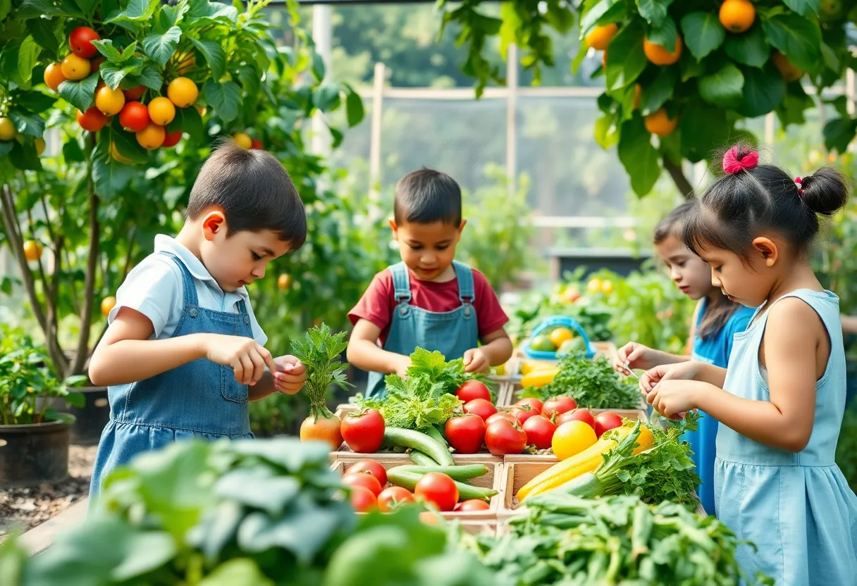 Children participating in a school garden and cooking program for healthy eating.
