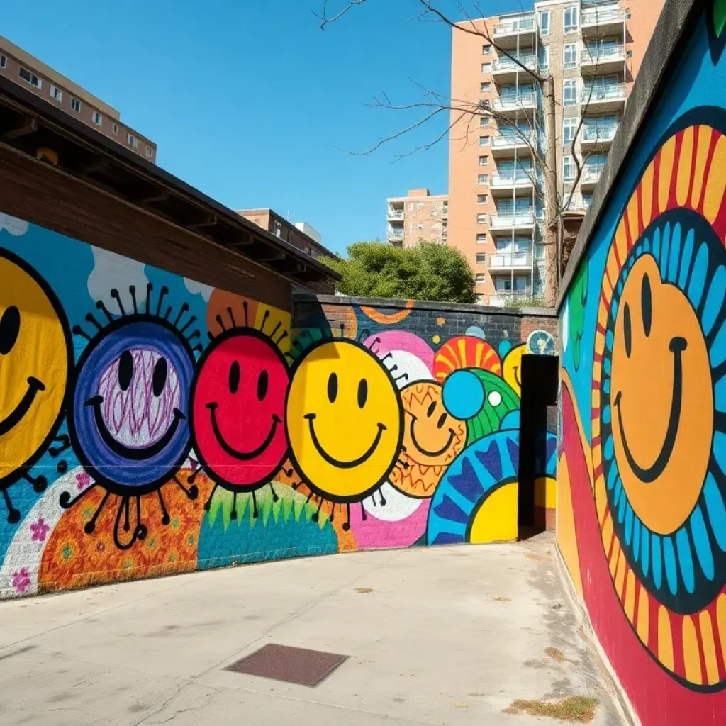Colorful mural featuring smiley faces and lively patterns in Phoenix.
