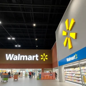 Exterior view of a renovated Walmart Supercenter