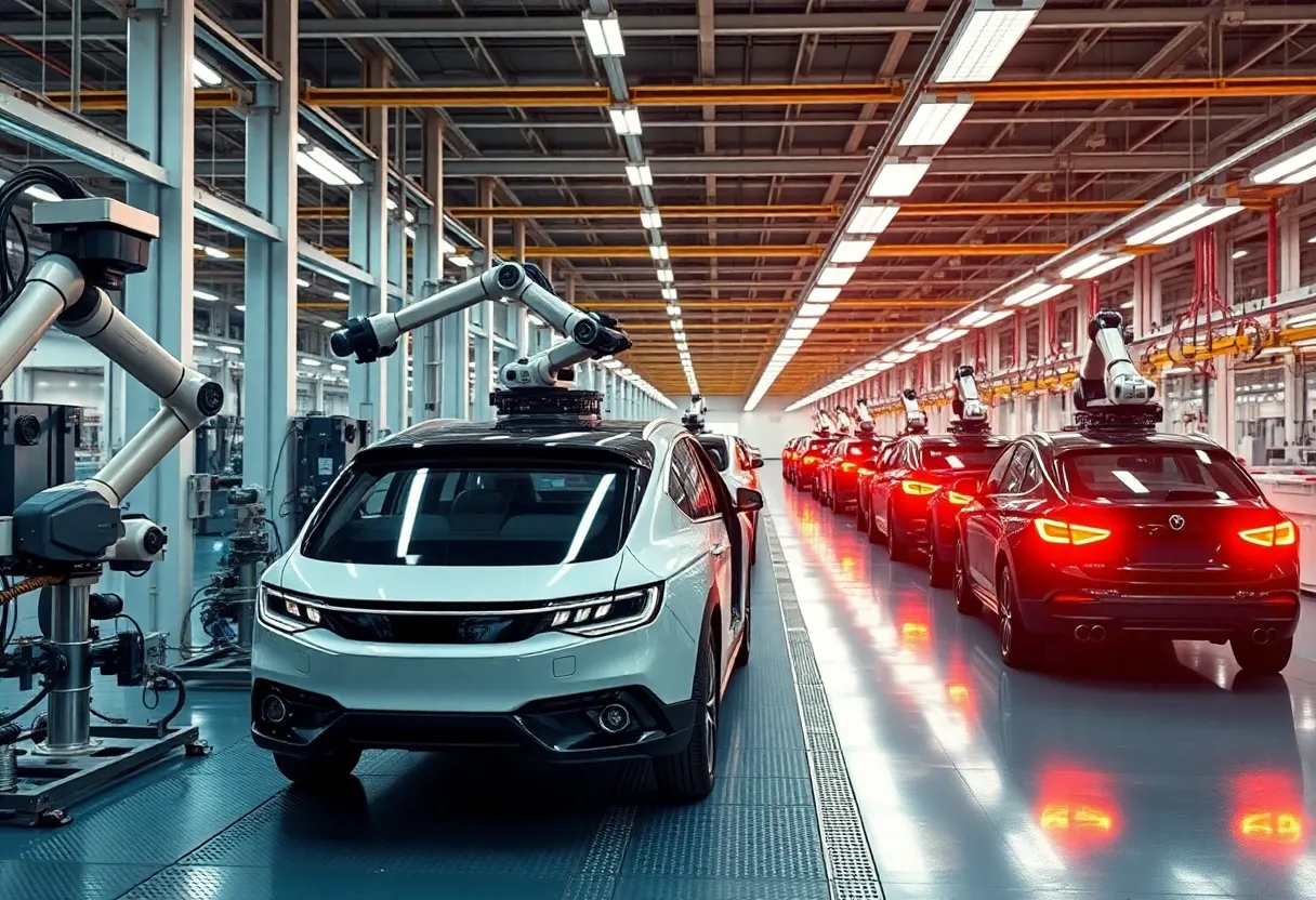 Interior view of Waymo's new autonomous vehicle factory with assembly lines.