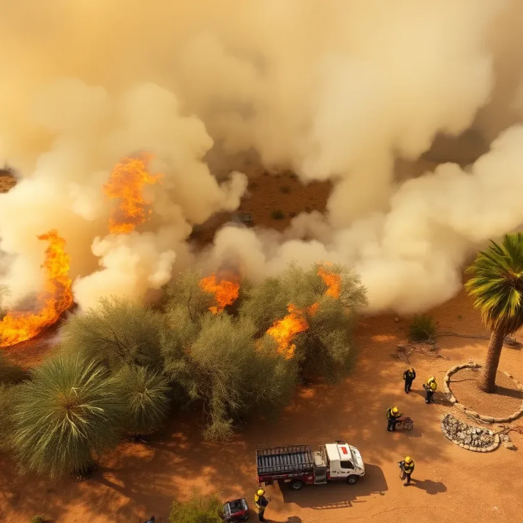Firefighters battling a wildfire in Arizona with smoke and palm trees in the scene.
