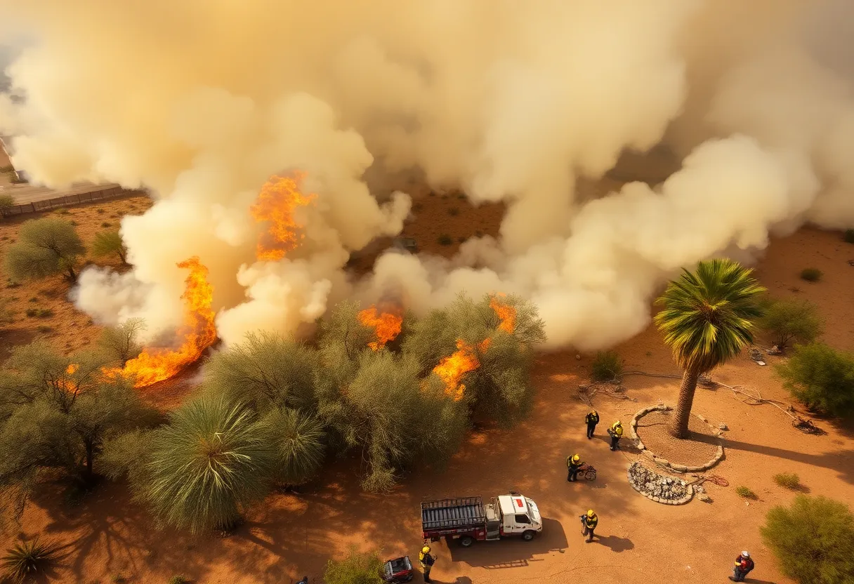 Firefighters battling a wildfire in Arizona with smoke and palm trees in the scene.