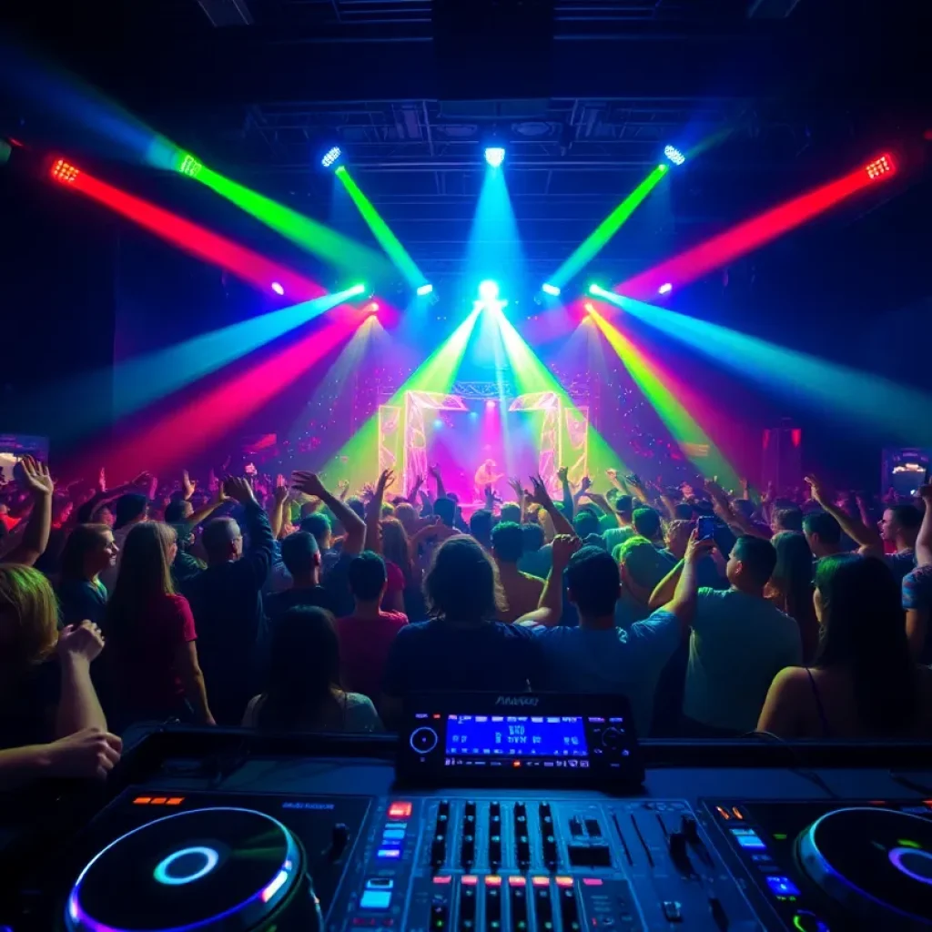 Crowd enjoying a live DJ performance at a nightlife venue.