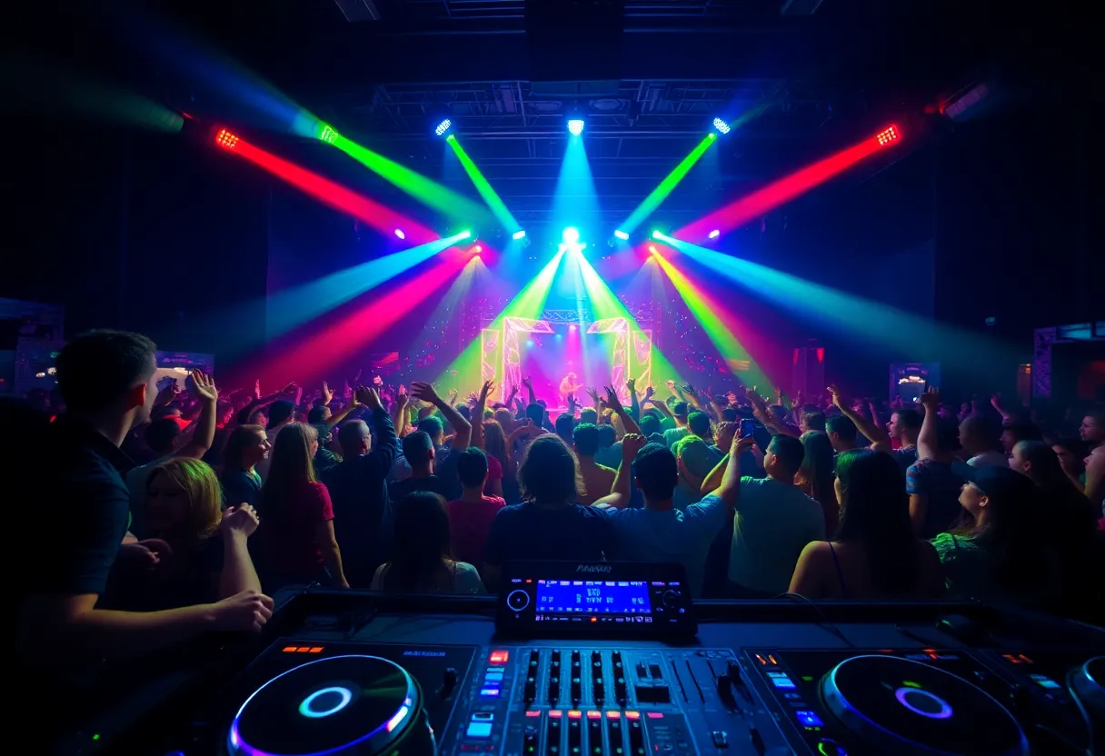 Crowd enjoying a live DJ performance at a nightlife venue.