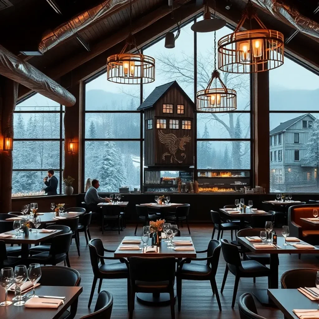 Interior view of Wren & Wolf restaurant showcasing its modern alpine lodge decor