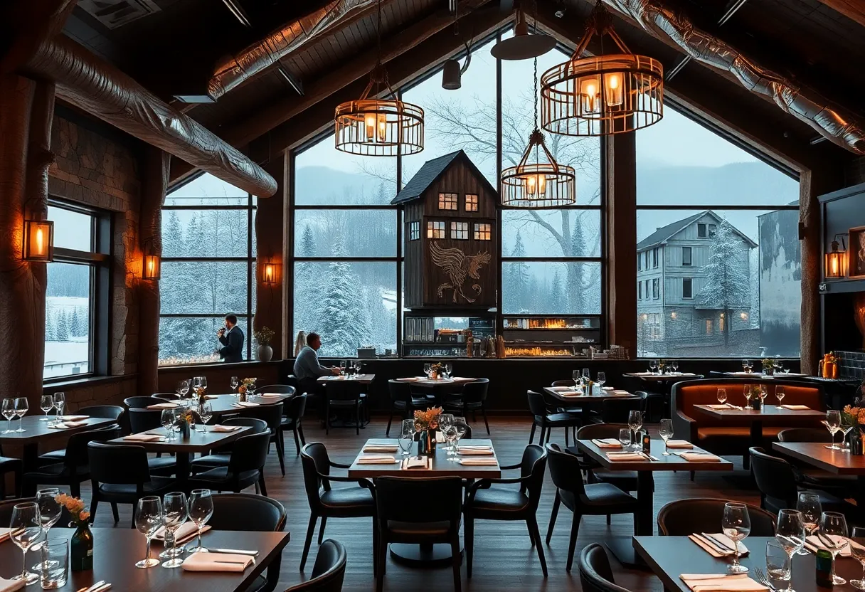 Interior view of Wren & Wolf restaurant showcasing its modern alpine lodge decor
