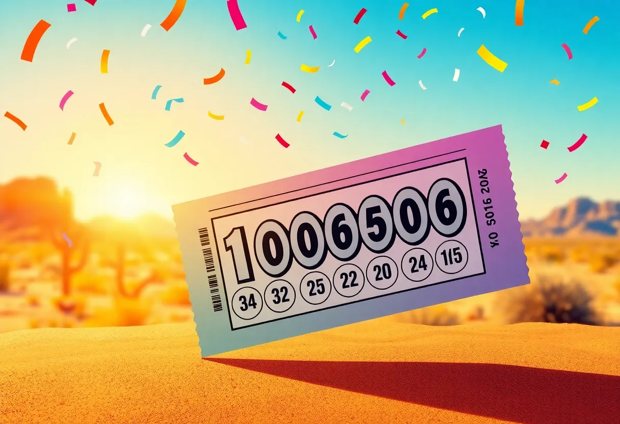A celebratory lottery ticket with confetti in an Arizona desert backdrop