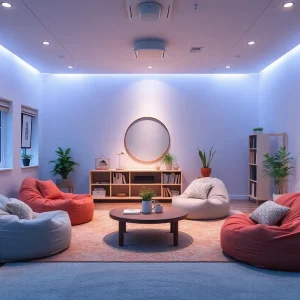 Relaxation space for teachers with soothing ambiance and comfortable seating