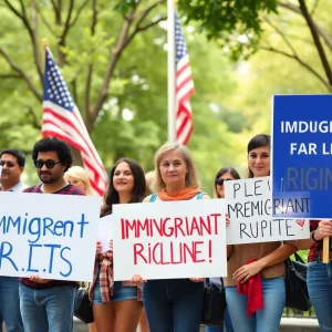 Activists advocating for immigrant rights in a park.