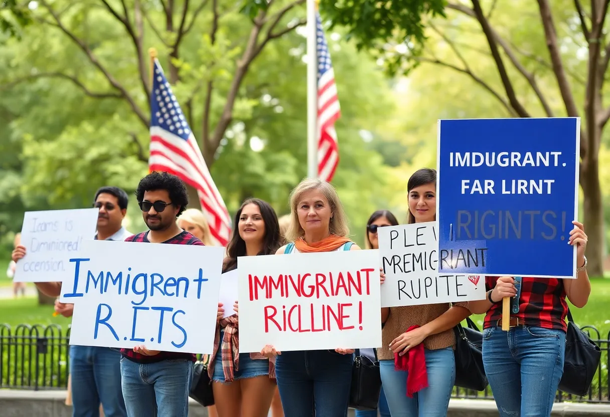 Activists advocating for immigrant rights in a park.