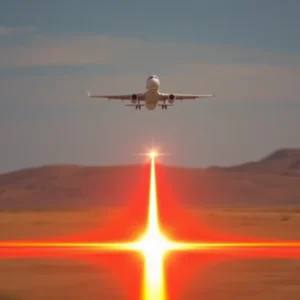 Aircraft flying in a desert with a laser beam effect.