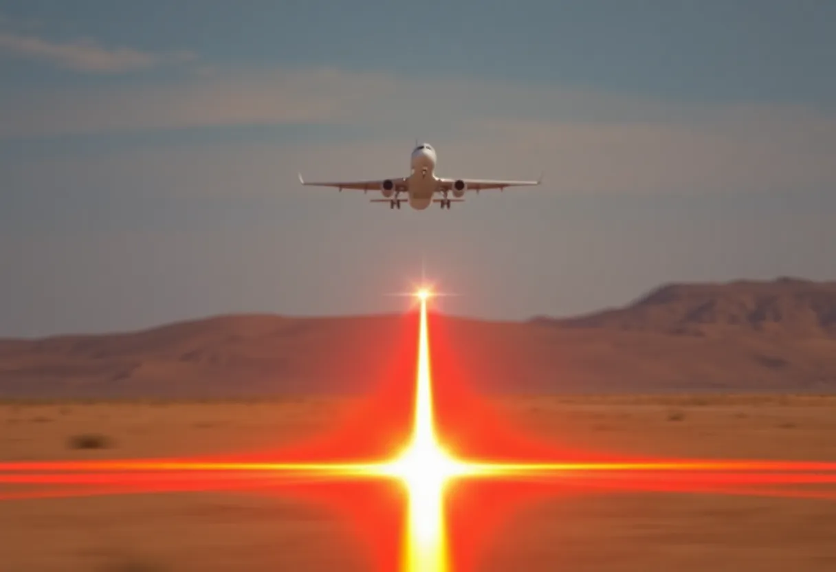 Aircraft flying in a desert with a laser beam effect.