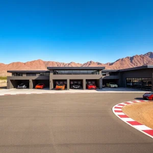 Rendering of the proposed Apex Motor Club expansion showing clubhouse and garages