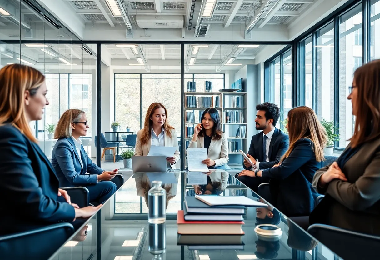 Collaborative legal professionals in an innovative office setting
