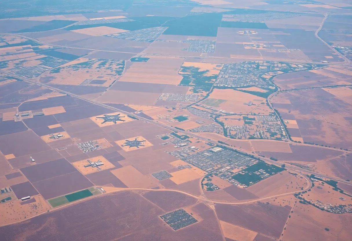 Aerial view of farmland in Arizona near military sites