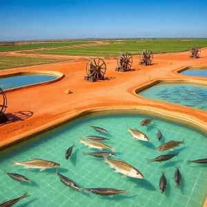 Barramundi fish swimming in artificial ponds at a farm in Arizona