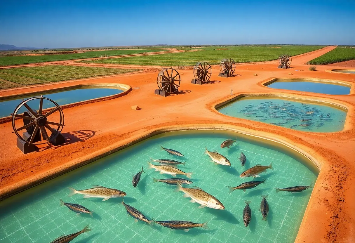 Barramundi fish swimming in artificial ponds at a farm in Arizona