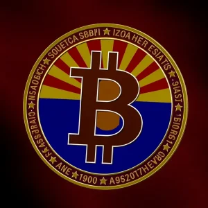 Digital representation of Bitcoin and Arizona emblem