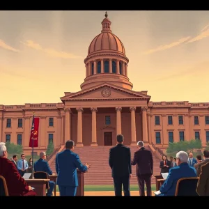 Arizona state capitol building with lawmakers debating and urgent atmosphere