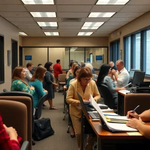 Employees working at the Arizona Department of Economic Security office amidst budget cuts.