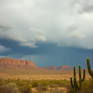 Desert landscape in Arizona with clouds indicating an approaching monsoon storm