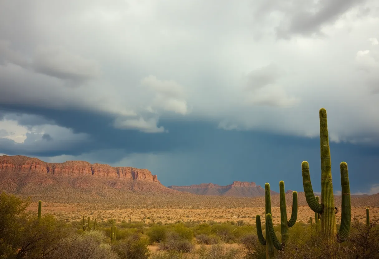 Desert landscape in Arizona with clouds indicating an approaching monsoon storm